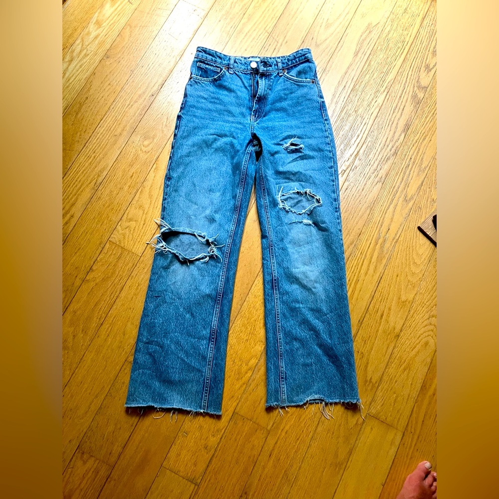 Zara Distressed Straight Leg Blue Jeans